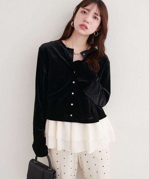 natural couture カーディガン ラメベロアクルーネックカーディガン