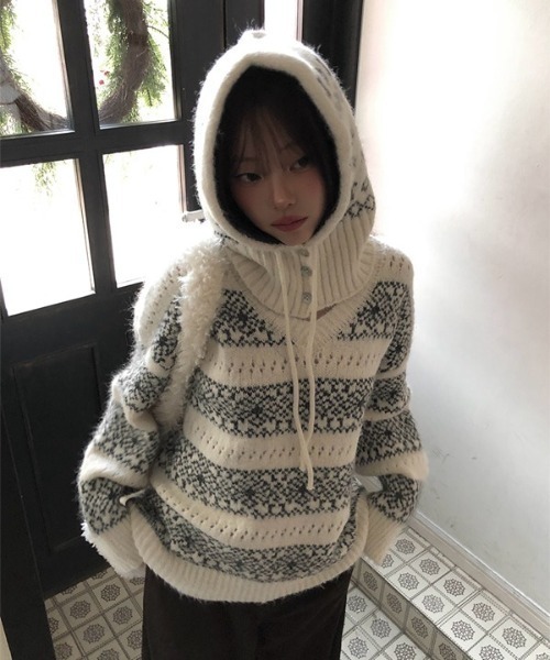 anyonemore ニット セーター バラクラバ付きノルディック柄ルーズV