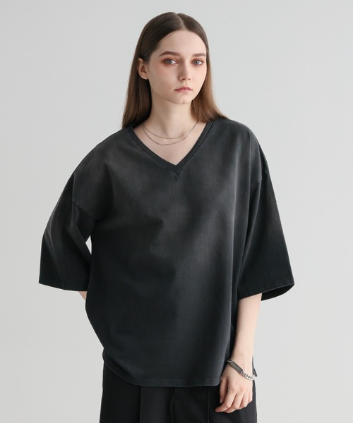 GOODENOUGH Vネック 薄手 半袖スウェット ブラック ELLUV tシャツ 「ELLUV/エルヴ」ファインコットンスムース