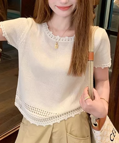 チャコット　アイレットレース　ニット　Tシャツ　M tシャツ 半袖 アイレットレース ショート丈 スリム サマーニット 半袖T
