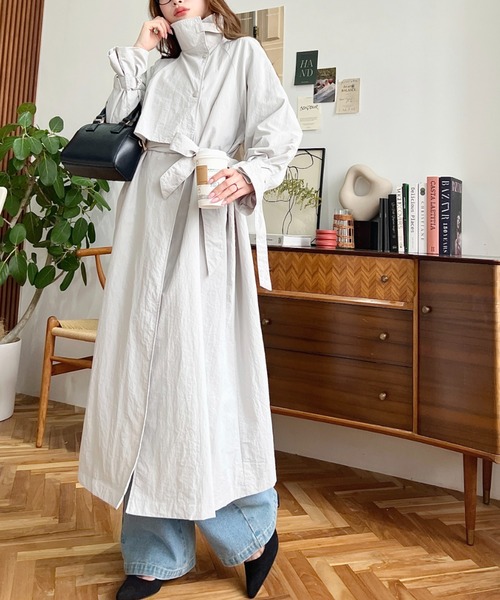 一点もの AGNONA ターコイズ ロングコート アウター オシャレ レディース moment+ ステンカラーコート コート ナイロン スタンドカラーケープ