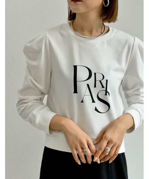 tシャツ Tシャツ ショート丈タックスリーブフロントロゴロンT 