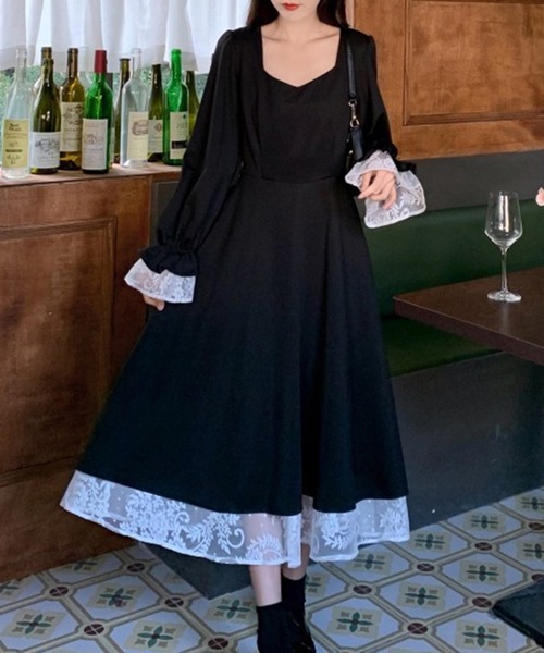ワンピース バックリボン 裾レースAラインフレアワンピース