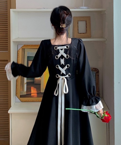 ワンピース バックリボン 裾レースAラインフレアワンピース