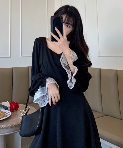 ワンピース バックリボン 裾レースAラインフレアワンピース