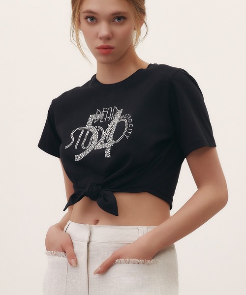 tシャツ 「メトロシティ」フロントスリットクロップキュービックTシャツ 前結び 半袖 ビーズ レディース