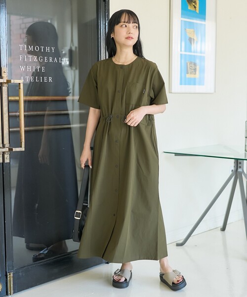 オリーブ色 半袖ラップスタイル ロングワンピース オリーブ色 半袖ラップスタイル ロングワンピース