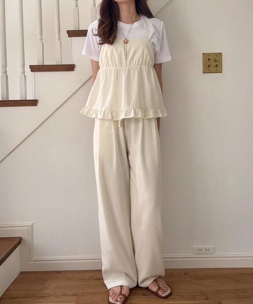 LAUIR（ラウアー） セットアップ リネン混フリルビスチェ+ワイドパンツ