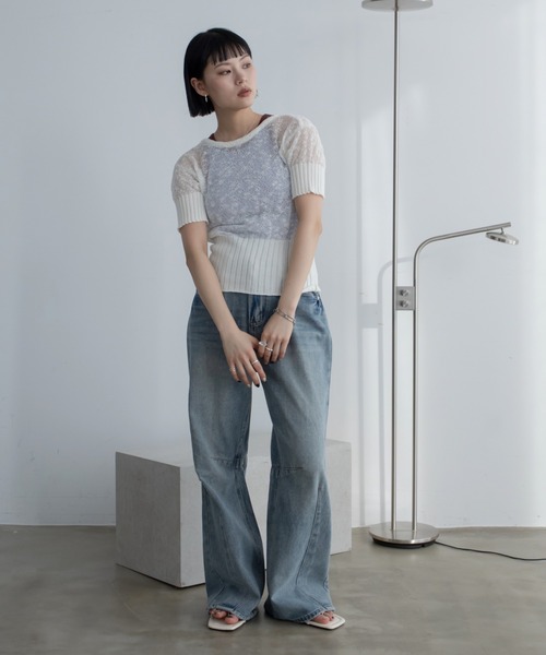 カーディガン ネップ透かし編みZIP半袖カーディガン レディース