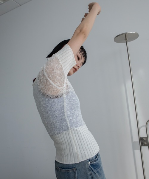 カーディガン ネップ透かし編みZIP半袖カーディガン レディース