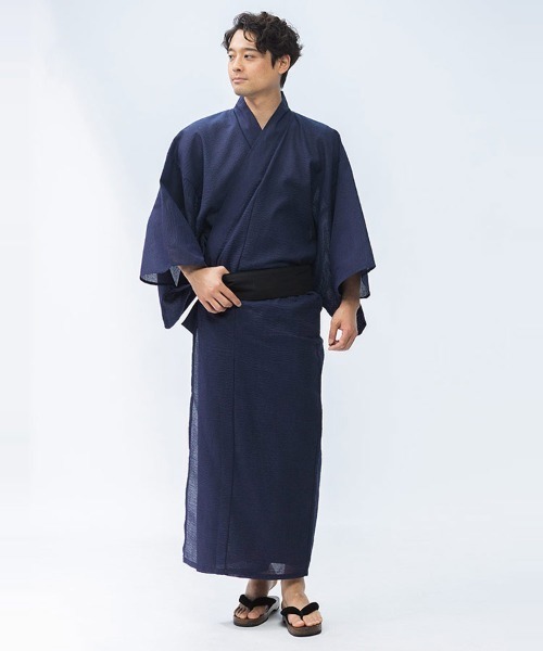 kujaku 羽織 コート ブラック 浴衣 甚平 16ss Rocky Monroe 浴衣 しじら織り/平織り帯付き浴衣 扇子 下駄 4点