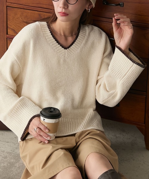 BONLECILL（ボンルシール） ニット セーター ベロアモール配色Vニット