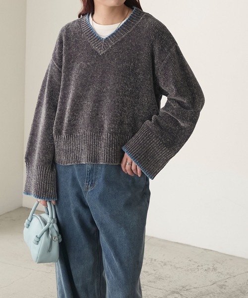 BONLECILL（ボンルシール） ニット セーター ベロアモール配色Vニット
