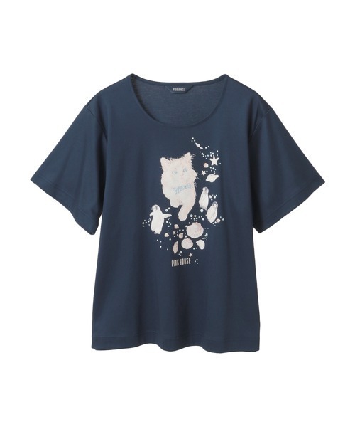PINK HOUSE（ピンクハウス） tシャツ 半袖 さざ波とねこプリント 
