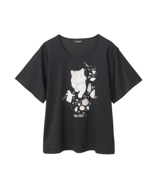 PINK HOUSE（ピンクハウス） tシャツ 半袖 さざ波とねこプリント