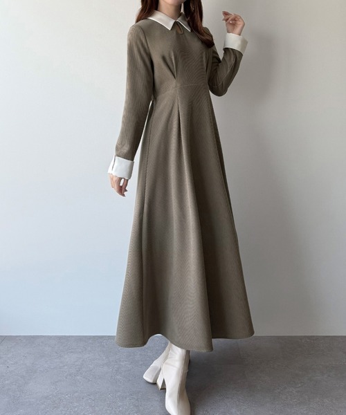 mipiarl ワンピース バイカラーコーデュロイフレアワンピース