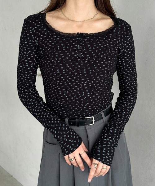 ヘンリーネック tシャツ カップ付き花柄ヘンリーネック ロングスリーブ