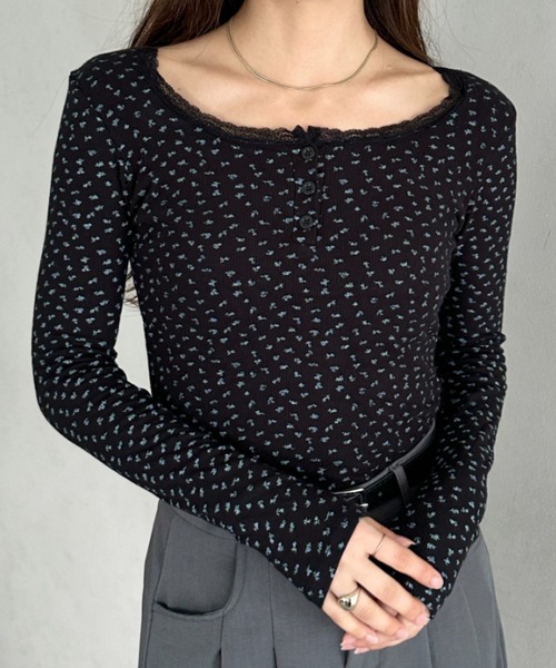 ヘンリーネック tシャツ カップ付き花柄ヘンリーネック ロングスリーブ