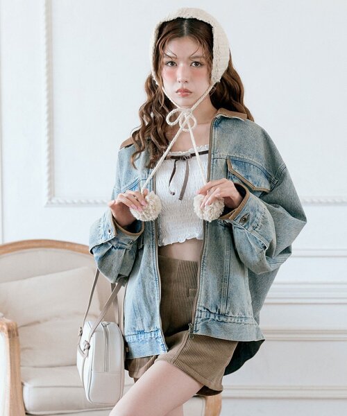 OLIVE des デニムジャケット gジャン 配色衿デニムブルゾン レディース