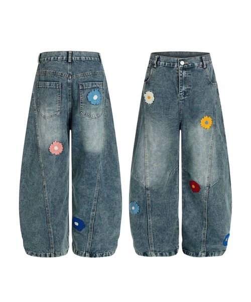 ワイドパンツ ジーンズ コクーン フラワーモチーフ デニムパンツ