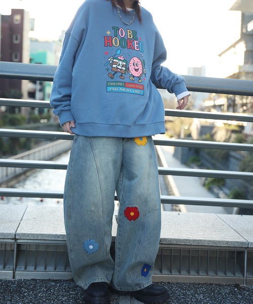 ワイドパンツ ジーンズ コクーン フラワーモチーフ デニムパンツ