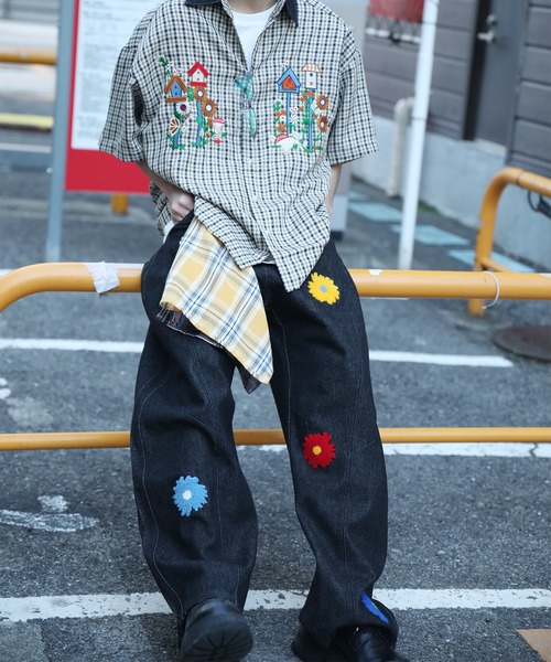 ワイドパンツ ジーンズ コクーン フラワーモチーフ デニムパンツ