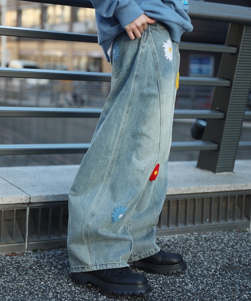 ワイドパンツ ジーンズ コクーン フラワーモチーフ デニムパンツ