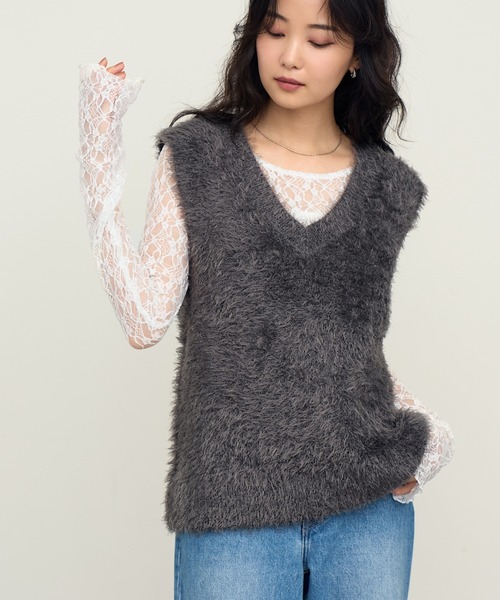 NOGLE ベスト ジレ 「NOGLE/ノグル」2wayシャギーVネックニットベスト