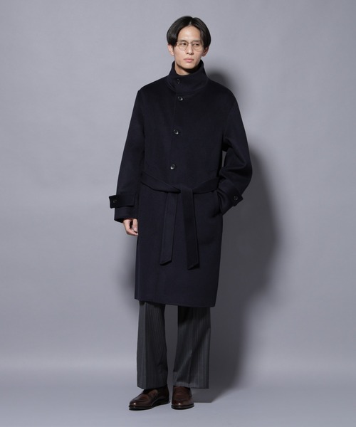 【美品】ナノユニバース ウールコート ネイビー スタンドカラー レザーベルト付き NANO universe（ナノ・ユニバース） ステンカラーコート コート ウール