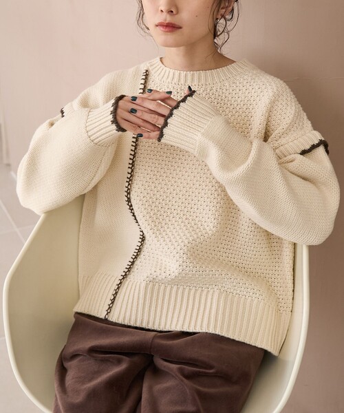 新品・未使用】NOKCHA ベージュ ニットセーター 肘パッチ付き 公式