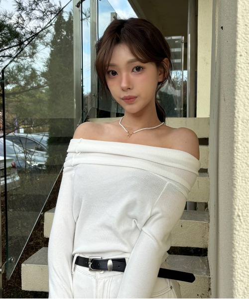 tシャツ シャーリング オフショルダー 長袖トップス レディース