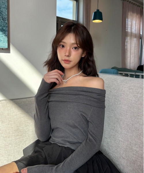 tシャツ シャーリング オフショルダー 長袖トップス レディース