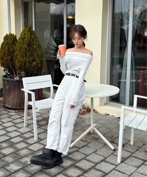 tシャツ シャーリング オフショルダー 長袖トップス レディース