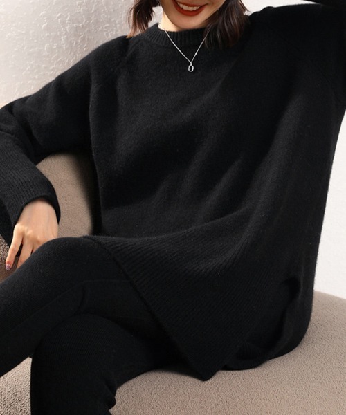 美品✨カオス サイドスリットニット セーター クルーネック ブラック ニット セーター サイドスリットオーバーサイズニットトップス