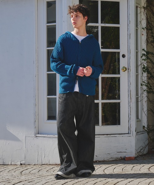 【tokky】Rene　半袖ニットパーカー ダブルジップ パール 36 紺 Regen Glanz パーカー rib knit double zip hoodie / リブニットダブル