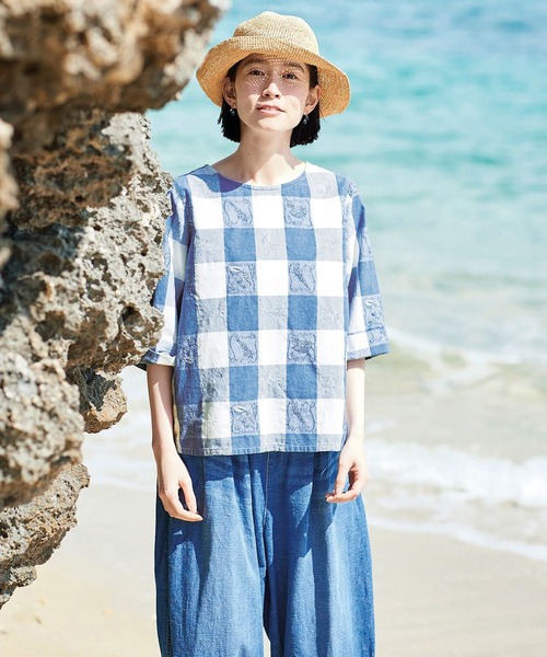 「Sunny clouds」 半袖ブラウス MEDIUM ホワイト×ブルー レディース_画像2
