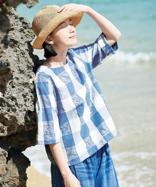 「Sunny clouds」 半袖ブラウス MEDIUM ホワイト×ブルー レディース_画像3