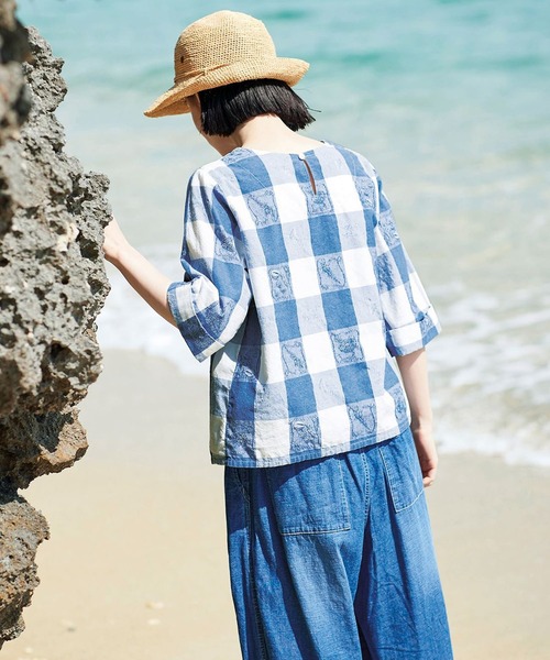 「Sunny clouds」 半袖ブラウス MEDIUM ホワイト×ブルー レディース_画像6
