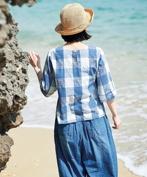 「Sunny clouds」 半袖ブラウス MEDIUM ホワイト×ブルー レディース_画像8