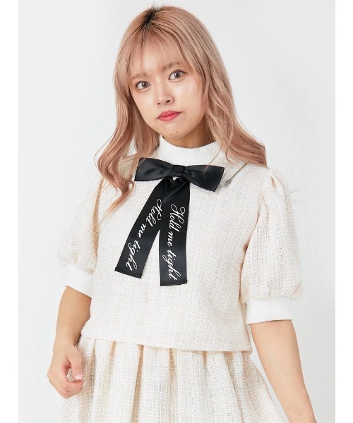 Ank Rouge ブラウス シャツ ロゴリボンツイードトップス レディース  