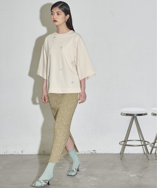 THE Yon tシャツ 半袖 ビーズ刺繍ハーフスリーブトップス レディース 