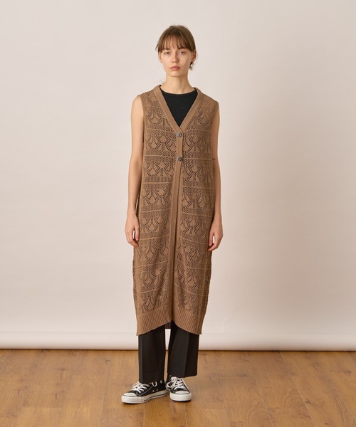 ニット セーター コットンリネンVネックメッシュロングジレ レディース Allumer ニット セーター コットンリネンVネックメッシュ