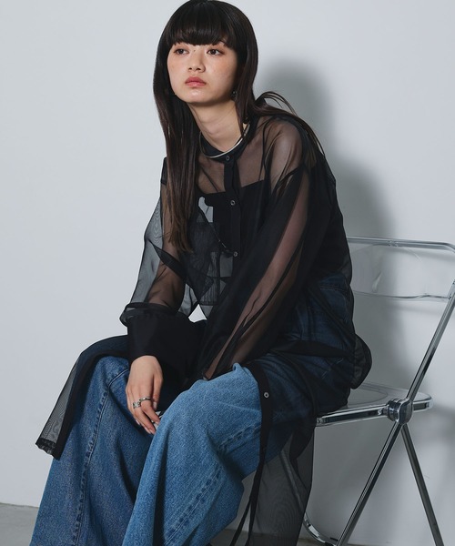 シャツワンピース バック刺繍シアーシャツワンピース「ELLEgirl