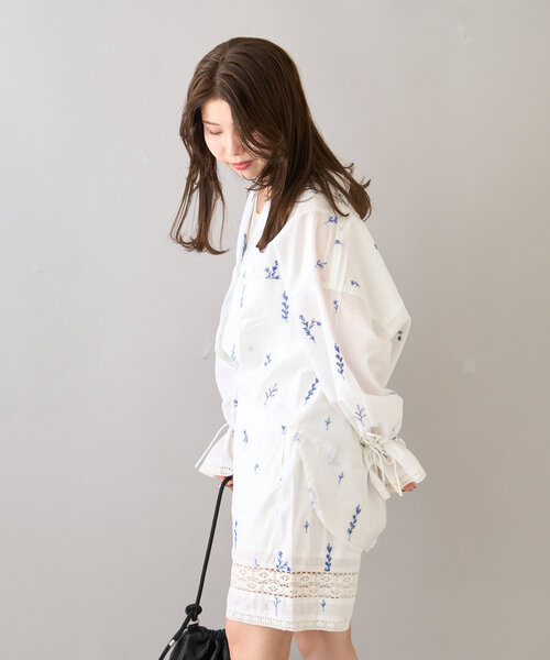 ♪新品　ボリューム　フラワー　レース　ジャケット シャツ　シアー　白　カーキ ロッキーモンロー Rocky Monroe シアーシャツ 半袖 開襟 レース