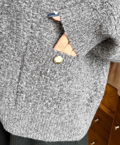 moment+ カーディガン Wポケット金ボタンツイードライクニット