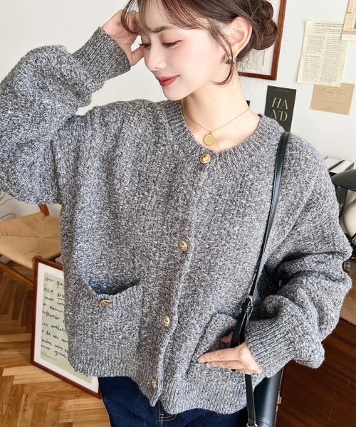 moment+ カーディガン Wポケット金ボタンツイードライクニット