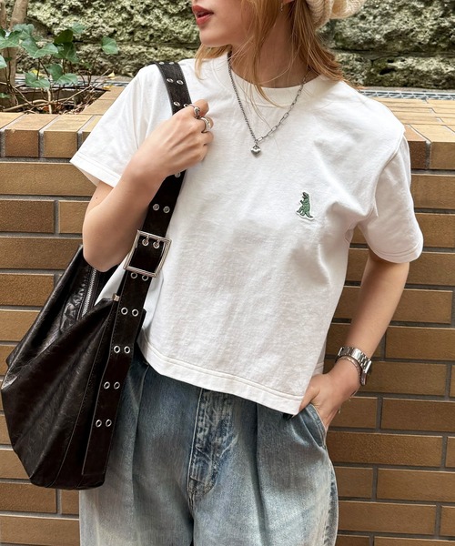 ブラウス シャツ 「m:rex」ミニ恐竜ワッペンクレイジーストライプシャツ レディース DOUBLE NAME tシャツ 「m:rex」ミニ恐竜ワッペンコンパクトTEE