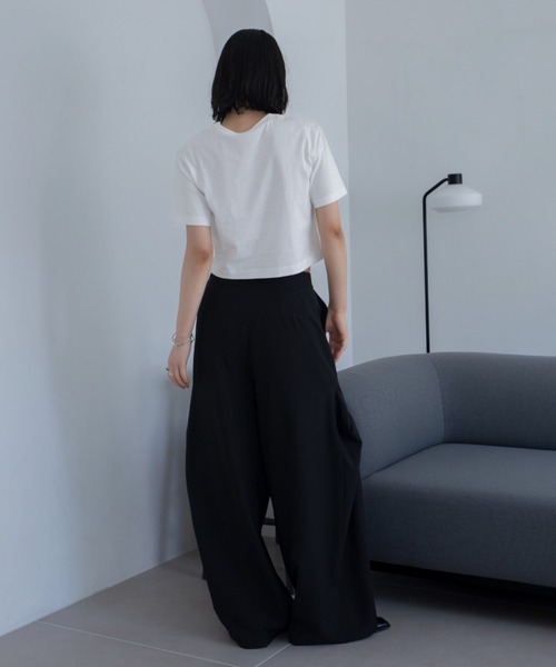 tシャツ ロゴ刺繍ギャザーショート丈Tシャツ レディース
