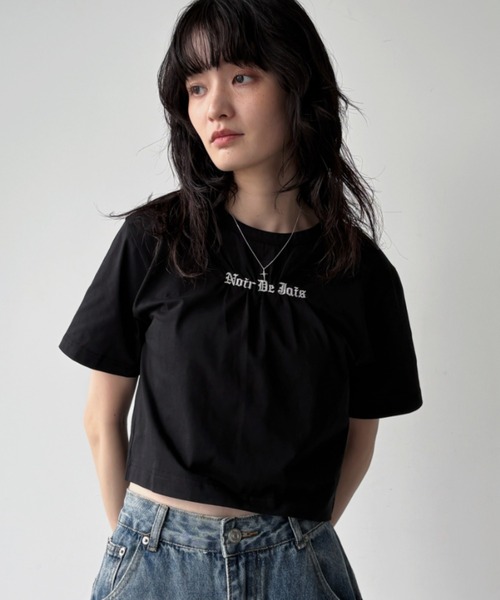 The Newhouse　ショート丈Tシャツ tシャツ ロゴ刺繍ギャザーショート丈Tシャツ レディース