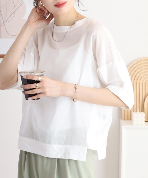 tシャツ Anna Nicola 異素材切替ドルマンスリーブシアーカットソー 日本製 レディース